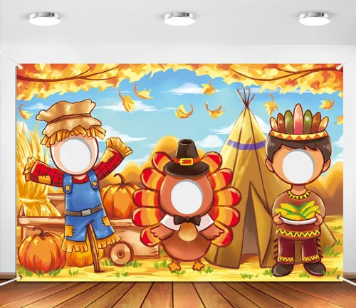 Vista 5 de Telón de fondo de cara en agujero de Acción de Gracias, 5 x 3.3 pies, espantapájaros, pavo, cara india, accesorios para fotos, fondo de fotografía