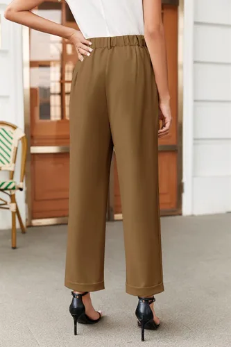 Vista 3 de Febriajuce Pantalones de vestir de cintura alta elástica para mujer, pantalones de trabajo plisados con botones, pantalones de trabajo de pierna