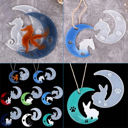 Vista 5 de Craftdady 8 moldes de silicona de luna creciente para animales, conejo, delfín, gato, ardilla, caballo, caballito de mar, moldes de fundición