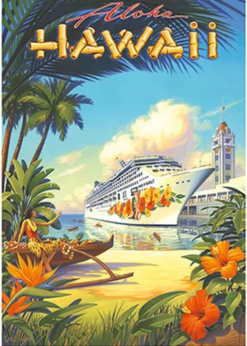 Vista 12 de Pride of Hawaii Cruise Ship - Aloha Towers Honolulu Harbor - Póster de viaje hawaiano vintage por Kerne Erickson - Impresión artística maestra