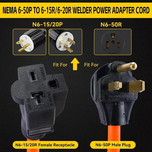 Vista 2 de PLIS Nema 6-50P a 6-15R/6-20R Cable adaptador de corriente para soldador, 6-50P 50-Amp a 6-20R 20A T-Blade, STW, 50 amperios, 250V, 1.5 pies