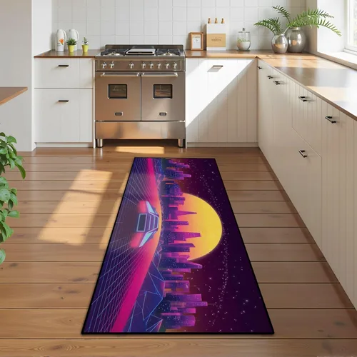 Vista 6 de Alfombra de corredor lavable de 2 x 6 pulgadas, diseño de arcade, diseño de barco espacial a la puesta de sol, retro, de los años 80, de ciencia