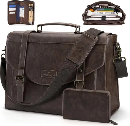 Vista 8 de RAINSMORE Bolso bandolera con solapa para hombre, de piel sintética vintage, estilo retro, de 15.6 pulgadas, con cartera, para laptop