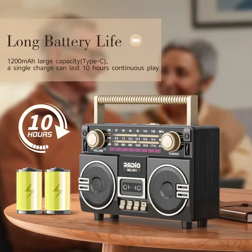 Vista 6 de AM FM Radio Portátil de onda corta Retro Radio Altavoz Bluetooth USB-C recargable, doble altavoz, recepción, perilla grande fácil de usar