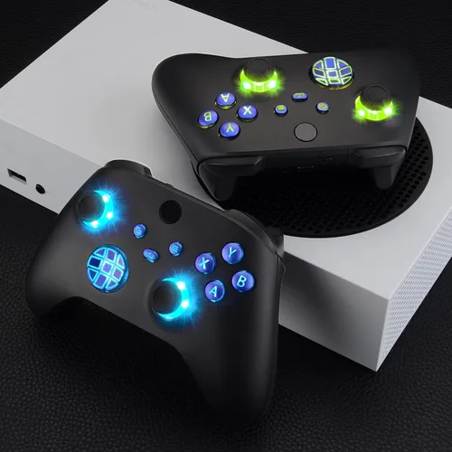 Vista 6 de eXtremeRate Palancas de pulgar Dpad luminadas multicolor Start Back Sync ABXY Botones para Xbox Series XS, Chameleon Purple Blue Classical Symbols