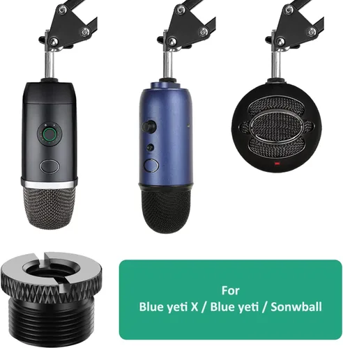 Vista 2 de Adaptador de soporte de micrófono 5/8 a 3/8 ranurado azul Yeti adaptador de micrófono 2 piezas 5/8 macho a 3/8 hembra tornillo de micrófono