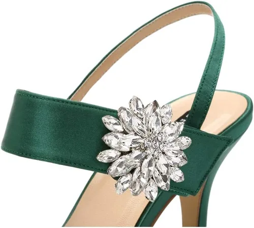Vista 6 de ERIJUNOR Zapatos de tacón medio para mujer, con punta puntiaguda, broche de diamantes de imitación, zapatos de vestir de satén, zapatos de noche