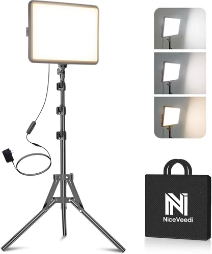 Vista 10 de Paquete de 2 luces LED de video, luz NiceVeedi Studio, kit de iluminación regulable de 2800-6500K para fotografía con soporte de trípode y soporte