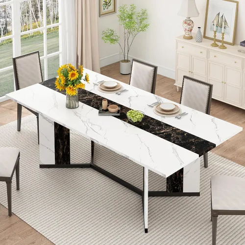 Vista 10 de chartustriable Mesa de comedor para 4 a 6 personas, mesa de cocina moderna grande de 71 pulgadas con diseño de camino de mesa integrado, mesa