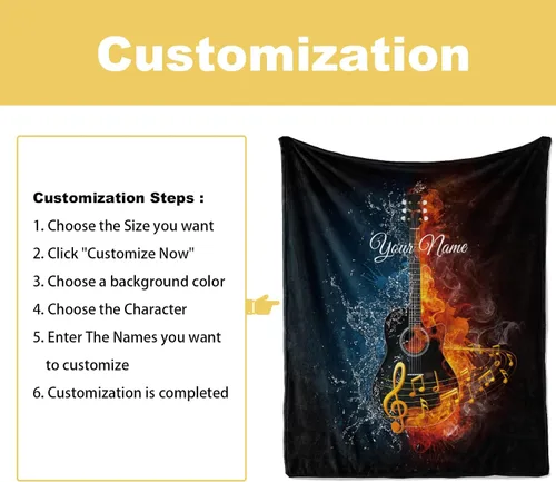 Vista 2 de Jekeno Regalos personalizados de guitarra para mujeres y hombres, impresión de manta de guitarra, manta personalizada con nombre, mantas de franela