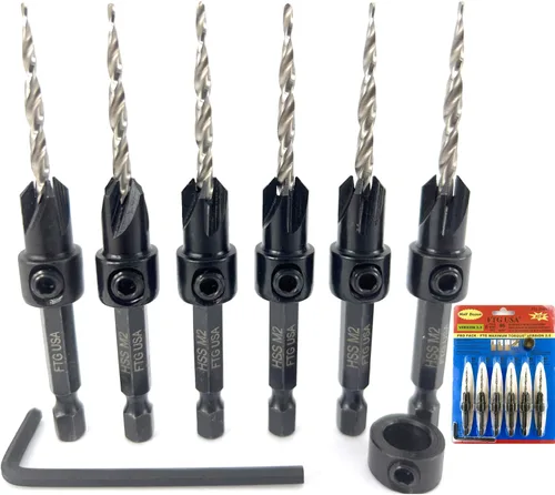 Vista 17 de FTG USA Juego de 12 brocas avellanadoras #4 (7/64") para madera con broca cónica ounter sink drill bit for wood 12pc #4, 2 depth stop collars