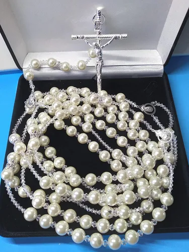 Vista 3 de javier lazo de boda para boda/lazo para matrimonio lazo de perla fina color marfil de 0.472 in y cristal fino cruz de metal Lasso color plata Con