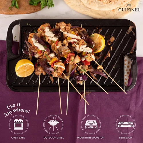Vista 4 de Cuisinel Parrilla de hierro fundido + rascador/limpiador, reversible, pre-sazonado, de 16.75 x 9.5 pulgadas, sartén plana de doble mango y sartén