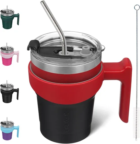 Vista 54 de BJPKPK Mini vaso de 10 onzas con tapa, popote y asa, taza de acero aislada