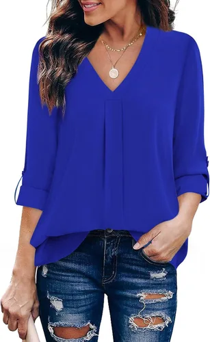 Vista 17 de Youtalia Blusas para mujer, elegantes, informales, de negocios, manga 3/4, de gasa, cuello en V, camisas de trabajo y oficina