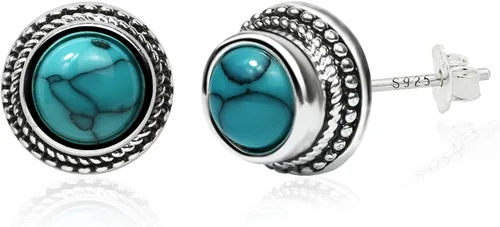 Vista 14 de Tibetan Turquoise Earrings 925 Sterling Silver Post Stud Boho Gemstone Hypoallergenic Handmade Earrings for Women Trendy Fashion