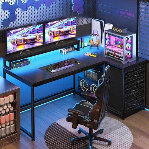 Vista 12 de EnHomee Escritorio para juegos en forma de L con luces LED y toma de corriente, escritorio de computadora de 40 pulgadas con cajones, escritorio