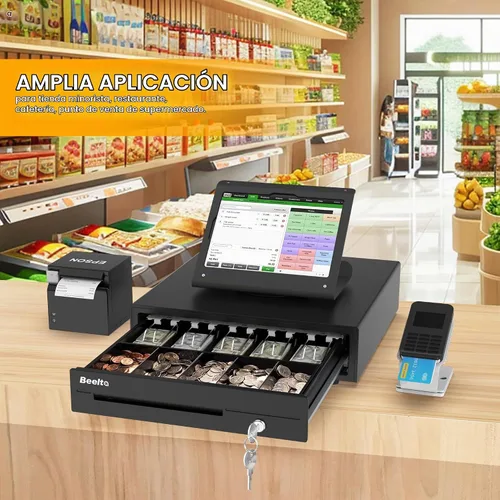 Vista 2 de Cajón de efectivo resistente de 16 pulgadas para sistema POS - Bandeja totalmente extraíble, 5 billetes/5 monedas con micro interruptor e