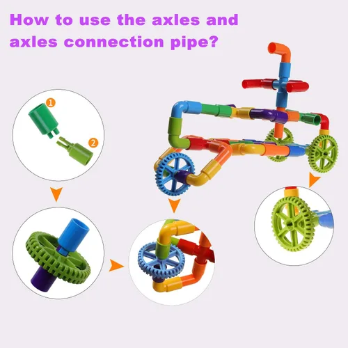 Vista 8 de burgkidz STEM - Bloques de construcción de tubo de aprendizaje para tubo, juguetes sensoriales con ruedas, placa base para todas las edades, niños
