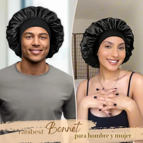 Vista 2 de YANIBEST Gorro de seda para hombres y mujeres, gorro de satén de doble capa para cabello rizado natural, gorro de dormir unisex