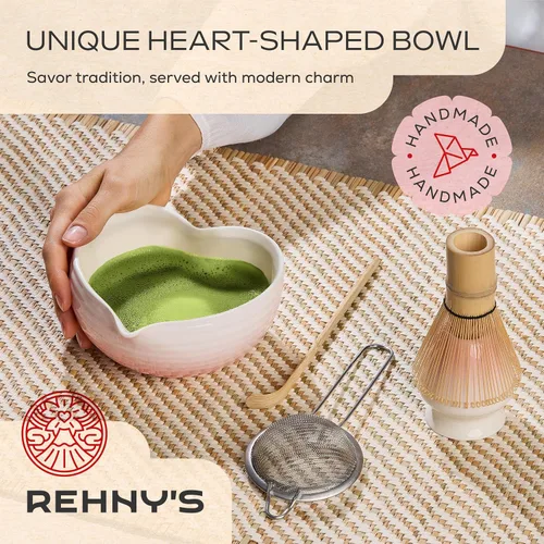 Vista 2 de Rehny’s Juego de batidor matcha Juego completo de matcha con cuenco en forma de corazón, batidor de bambú, soporte, tamiz de acero inoxidable