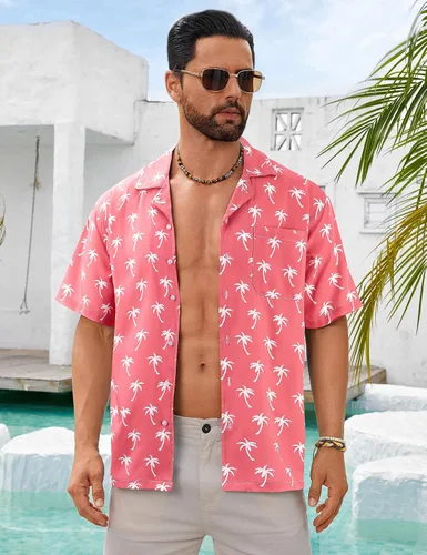 Vista 2 de BOJIN Camisas hawaianas de manga corta con botones para hombre, camisas casuales de verano, estampado floral tropical, camisas de playa Aloha