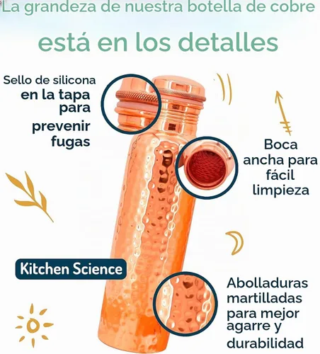 Vista 3 de Kitchen Science Authentic - Botella de agua de cobre de 34 onzas con correa de cuero negro, a prueba de fugas, probada en laboratorio, duradera
