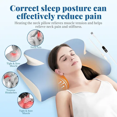 Vista 5 de Almohada cervical térmica para aliviar el dolor de cuello, almohada ergonómica para dormir de lado, almohadas ortopédicas de espuma viscoelástica