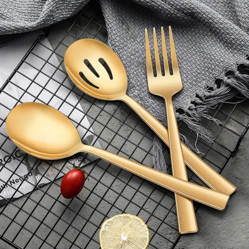 Vista 2 de LIANYU Juego de 6 cucharas y tenedores dorados de acero inoxidable de 8.6 pulgadas para banquetes de catering, aptos para lavavajillas