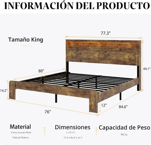 Vista 2 de Armazón de cama de madera tamaño King con cabecero - Plataforma de cama rústica estilo granja con soporte de listones de metal, resistente y sin
