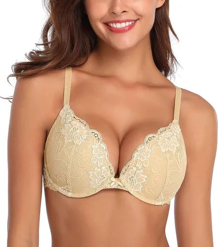 Vista 20 de Deyllo - Brasier de encaje para mujer con efecto de realce de busto, cómodo, con relleno, aros, levanta y añade una copa a tu busto Ámbar dorado