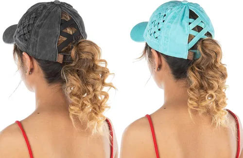 Vista 123 de Funky Junque - Sombrero de cola de caballo para mujer, gorra de béisbol con ajuste ajustable y cola de caballo alta cruzada para uso diario Paquete