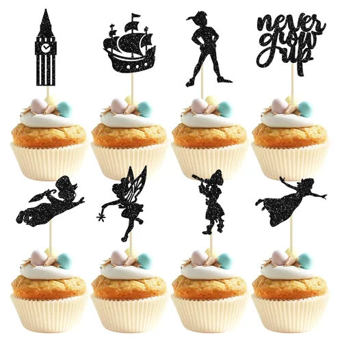 Vista 11 de Gyufise Paquete de 24 adornos para cupcakes con purpurina negra que nunca crecen para cupcakes en P Pan para baby shower Never Grow Up
