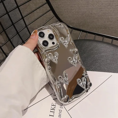 Vista 4 de Funda para iPhone 13, corazón plateado cromado brillante, funda de teléfono creativa con espejo, corazón 3D chapado con estilo, TPU suave resistente