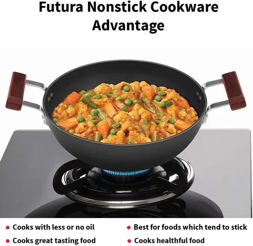 Vista 4 de HAWKINS Futura Kadhai de 3,5 litros de profundidad, Kadai antiadherente con tapa de acero inoxidable, fondo plano de inducción, Kadhai (INK35S)