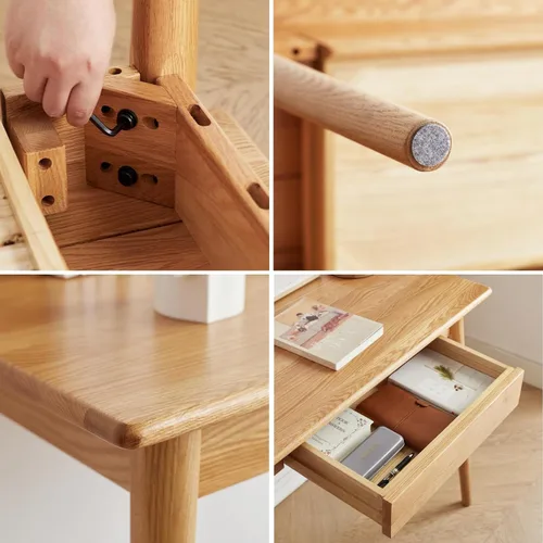 Vista 7 de Escritorio pequeño de madera, 100% roble con cajón, mesa de computadora de madera para escribir, mesa de maquillaje simple para dormitorio, oficina