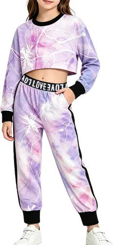 Vista 8 de Betusline - Conjunto de 2 piezas para niñas, ropa deportiva con sudadera y pantalones cortos, 4T-14 años Una flor de orilla naranja