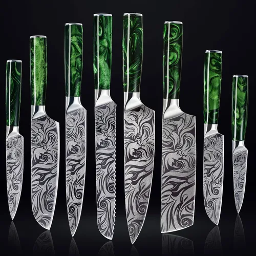 Vista 8 de SENKEN - Juego de cuchillos profesionales para carne con hermoso patrón grabado, colección Wasabi, acero de alto carbono dentado afilado y mango