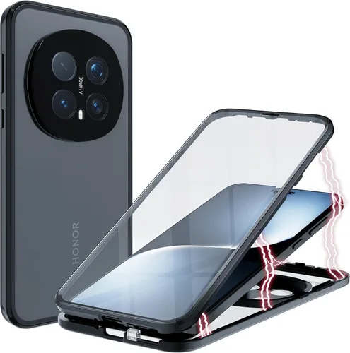 Vista 12 de QUIETIP Funda magnética para Honor Magic 8 Lite/Honor X9d, marco de metal de doble cara cubierta de vidrio templado transparente, negro