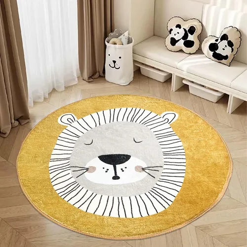 Vista 3 de USTIDE Linda alfombra para niños, alfombra redonda de león de dibujos animados, alfombra de juego de león amarillo, alfombra suave de 4 pies