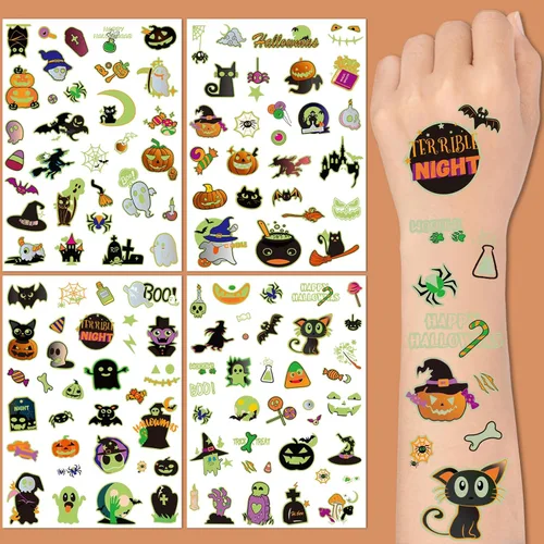 Vista 2 de 124 tatuajes temporales de Halloween que brillan en la oscuridad para niños, calcomanías de tatuaje falsas luminosas impermeables para fiesta