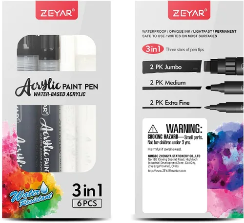 Vista 3 de ZEYAR Rotuladores de pintura acrílica, 3 tamaños de punta diferentes: extra fino (0.028 in), bala mediana (0.098 in), punta de fieltro jumbo