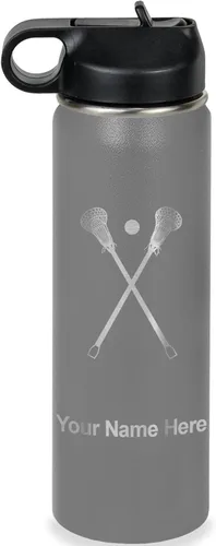 Vista 19 de LaserGram Botella de agua personalizada, palitos de lacrosse, acero inoxidable de doble pared aislada al vacío con popote superior, regalo grabado