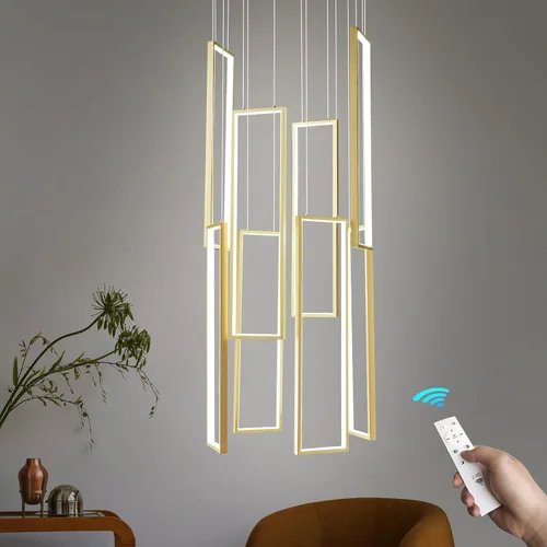 Vista 27 de Accesorio de Lámpara Colgante Moderna para Cocina Dorada 18W LED Lámpara Colgante 2 Anillos Candelabro Rectangular Iluminación Colgante para Isla