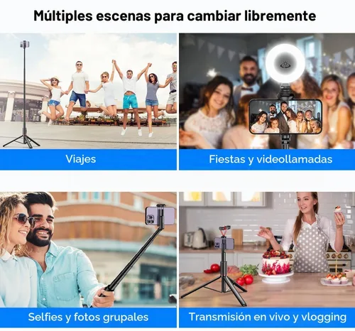 Vista 5 de Trípode para selfie, trípode ligero todo en uno de 72 pulgadas, con control remoto inalámbrico y soporte de zapata fría, extensible para teléfono