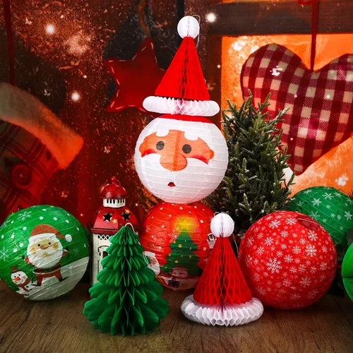 Vista 4 de Juego de 17 linternas de papel colgantes de Navidad 3D para Papá Noel, linterna de papel, sombrero de Papá Noel, árboles de Navidad, bolas de panal