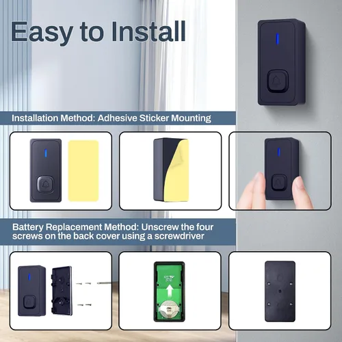 Vista 8 de BN-LINK Timbre inalámbrico, timbre de puerta impermeable, fácil instalación, rango de 1000 pies, volumen ajustable y 58 campanillas, flash LED, Negro