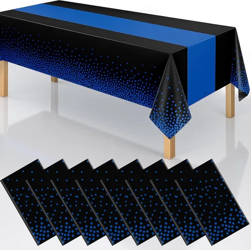 Vista 19 de Manteles de plástico desechables 2 en 1 de 54 x 108 pulgadas, mantel rectangular de cocina con lunares negros y azules, para boda, cumpleaños, baby