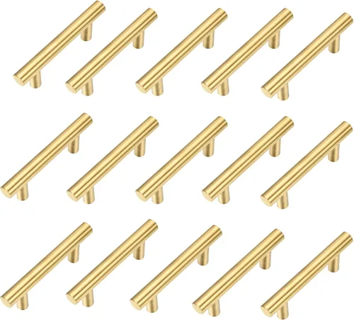 Vista 10 de Paquete de 15 tiradores de acero inoxidable dorado cepillado con barra en T para muebles, cocina, armario, cajón, manija de puerta, pomos