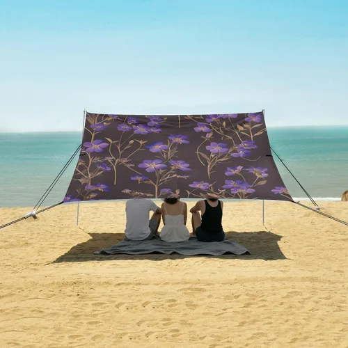 Vista 5 de Little Purple Flowers Beach Tent & Canopy UPF50+ Protection Lightweight Large Portable Sun Shelter with Sand Shovel, Sandbags for Camping, Picnics